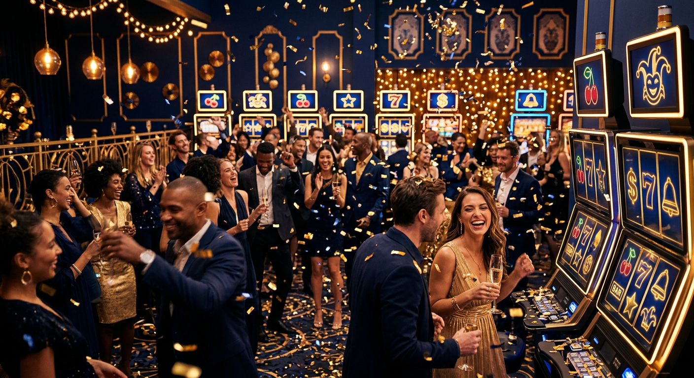 Festive casino celebration scene with confetti and golden lights